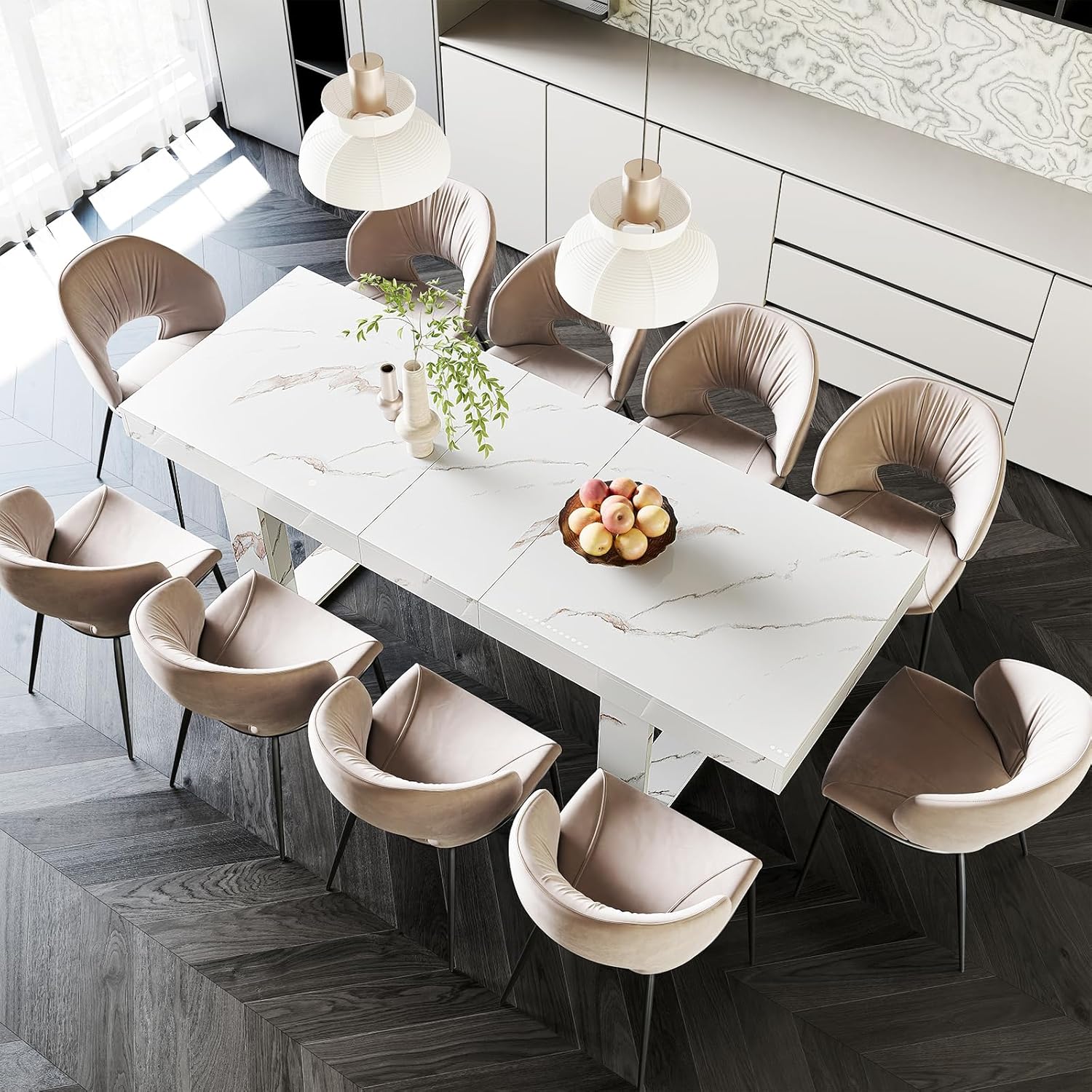 STHOUYN White Marble Extendable Dining Room Table for 8 10, 70.9" (86.6") x 31.5", Rectangle Dinner Table for 6-10, Modern Expandable Retractable Kitchen Table (White)
