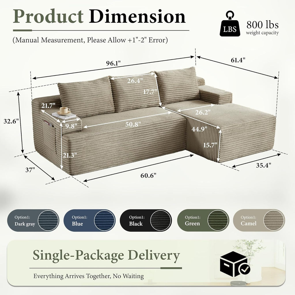 96" Sectional Couches for Living Room Cloud Couch Sofa with L-Shape Upholstered Boneless Couchs Modern Modular Sectional Couch with Chaise (Camel, 96" W+Right Facing Chaise+2Seaters)