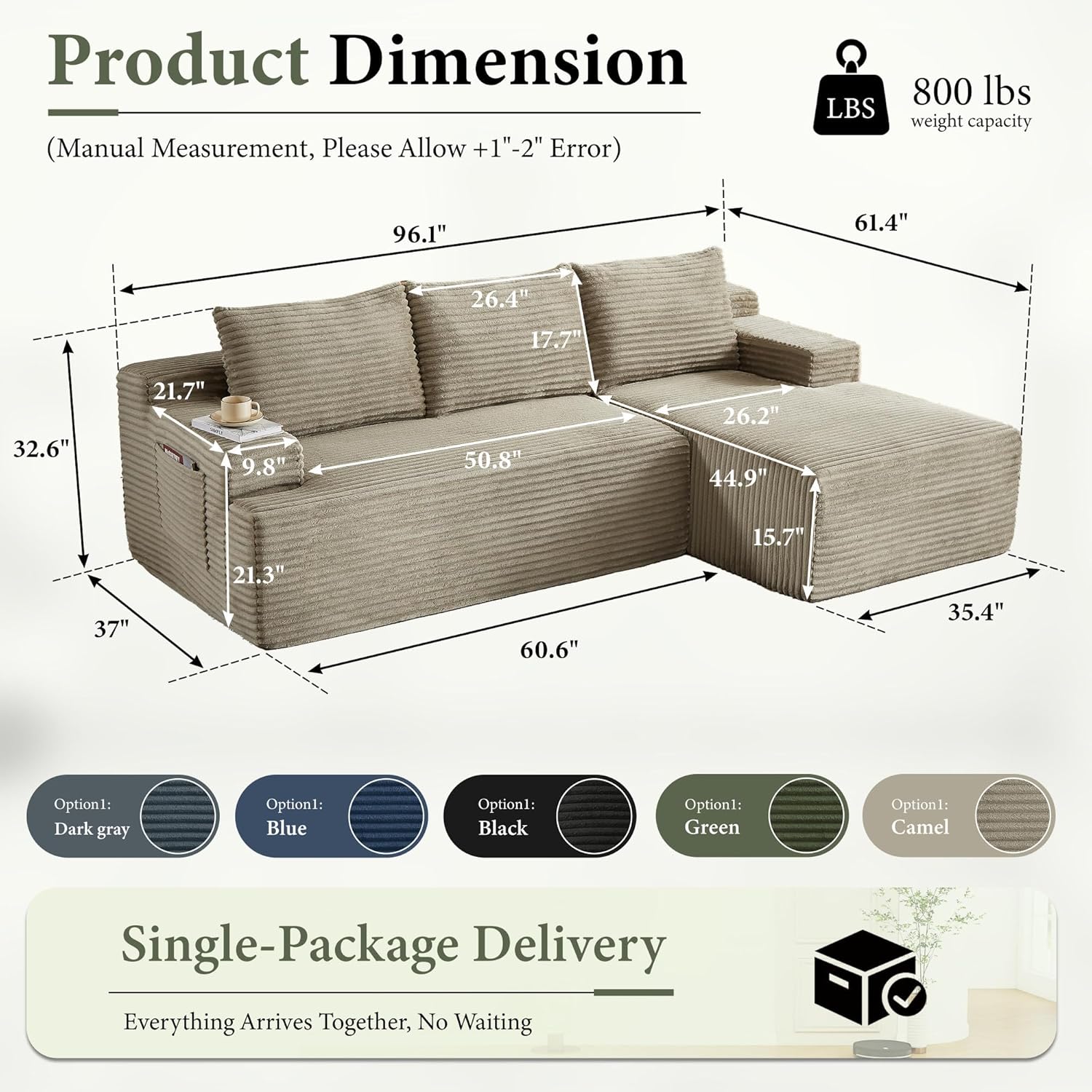 96" Sectional Couches for Living Room Cloud Couch Sofa with L-Shape Upholstered Boneless Couchs Modern Modular Sectional Couch with Chaise (Camel, 96" W+Right Facing Chaise+2Seaters)
