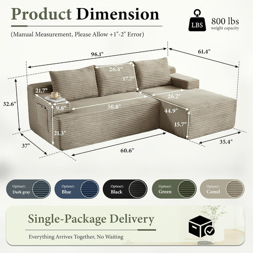 96" Sectional Couches for Living Room Cloud Couch Sofa with L-Shape Upholstered Boneless Couchs Modern Modular Sectional Couch with Chaise (Camel, 96" W+Right Facing Chaise+2Seaters)