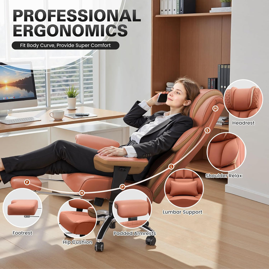BestGlory Office Desk Chair, Big and Tall Leather Gaming Chair with Footrest, Wide Ergonomic Comfy Executive High-Back Reclining Computer Chairs, Swivel Rolling Wheels and Padded Lumbar Support, Brown