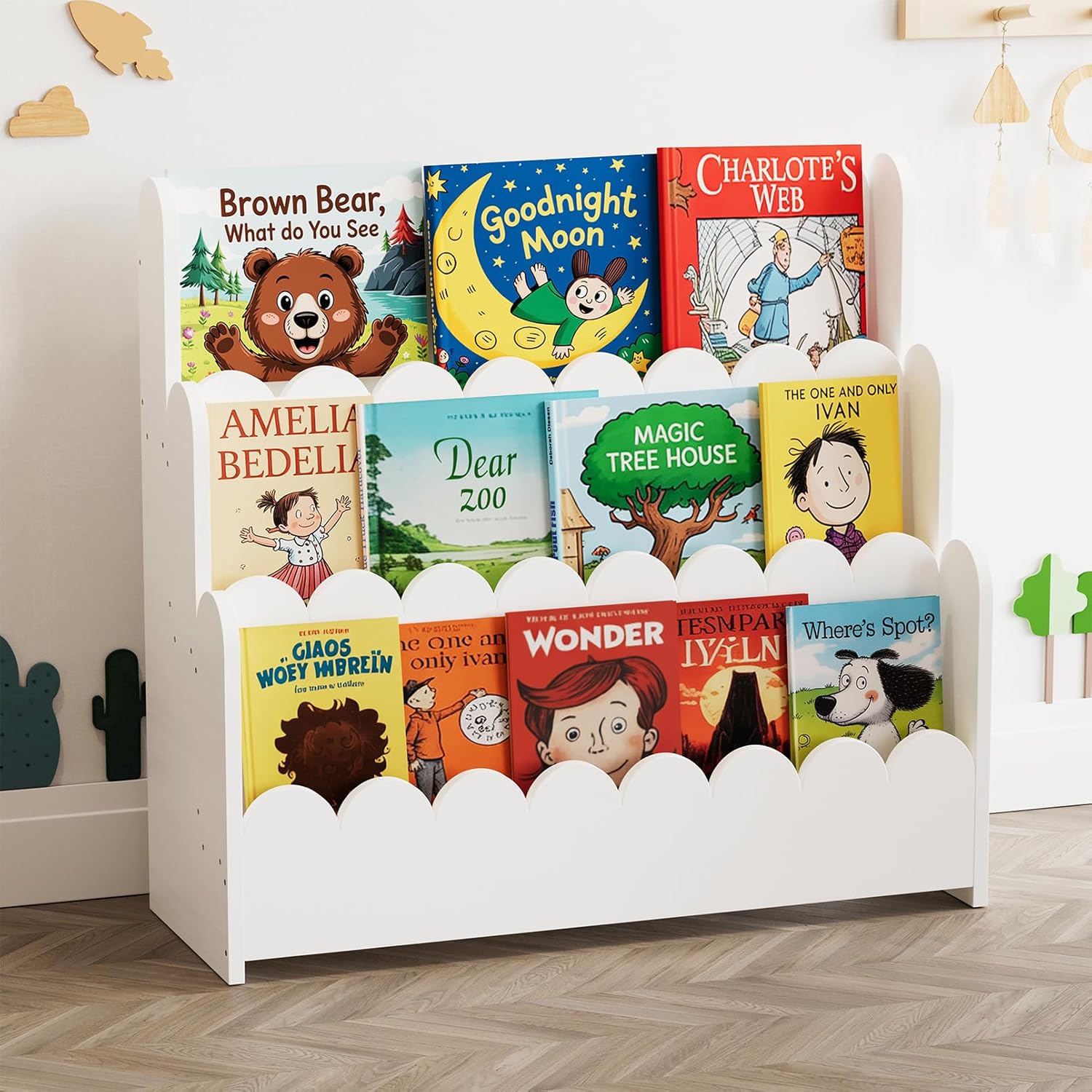 SpaceAid 3-Tier Scalloped Bookshelf, Montessori Bookcase for Toddlers, Wooden Book Shelf Organizer Display Furniture for Kids Rooms, Playroom, Nursery and Classroom, White