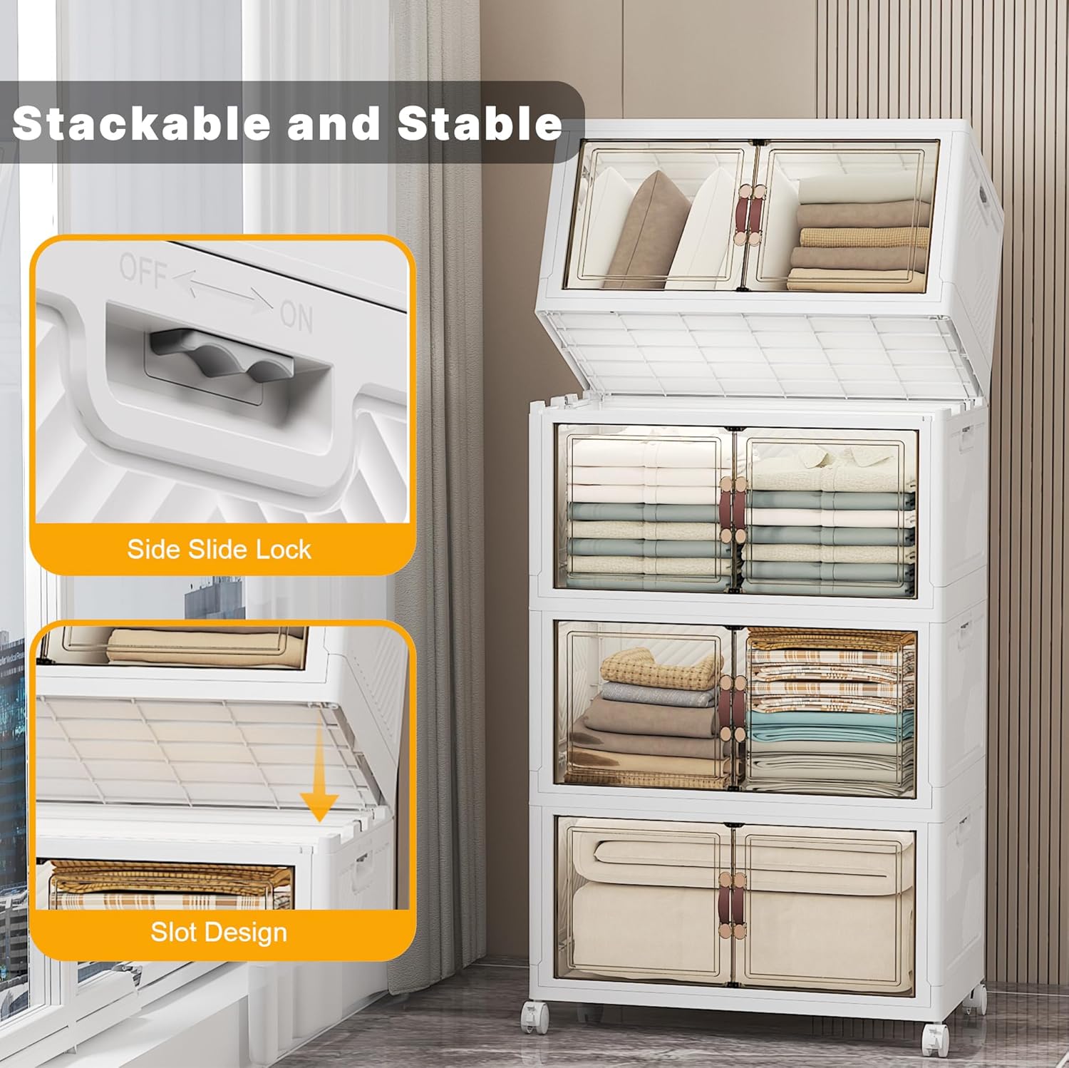 UAMFURI Stackable Storage Bins with Lids & Wheels & Door, Foldable Collapsible Closet Organizers, Extra Large Plastic Storage Drawers for Bedroom Dorm Office Garage (White-112qt, 4Pack with 1 top lid)
