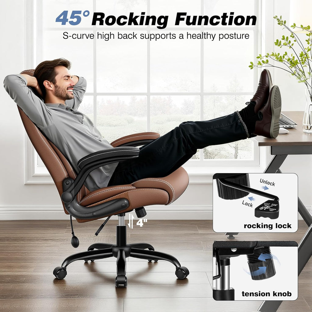 BESTFAIR Ergonomic Office Chair - Home Desk Computer Chair, Leather High Back Executive Chairs with Adjustable Lumbar Support & Flip-up Arms, Rocking Swivel Comfy, Brown