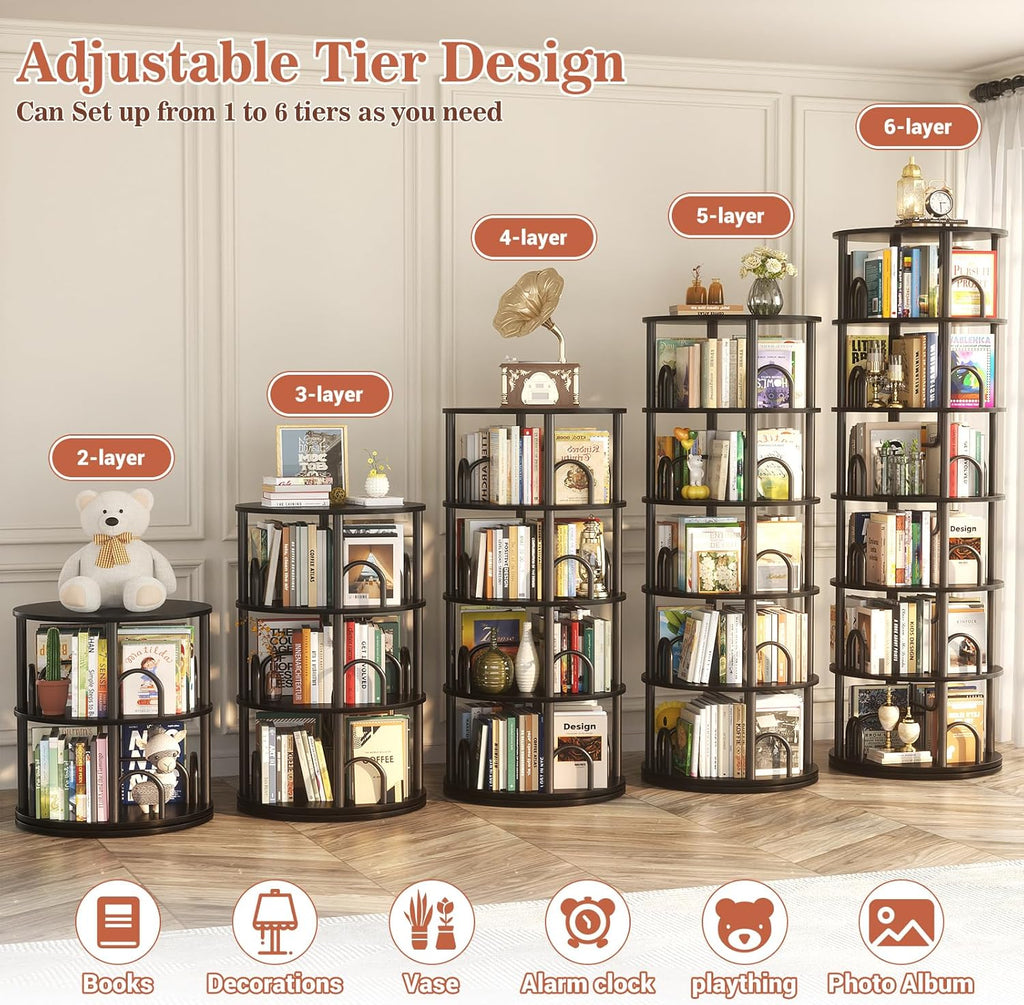 Aheaplus 6 Tier Rotating Bookshelf Tower, Revolving Bookcase, 360° Round Spinning Book Shelf, Narrow Swivel Bookshelves Vertical Rolling Turning Corner Bookshelf Organizer for Small Space, Black