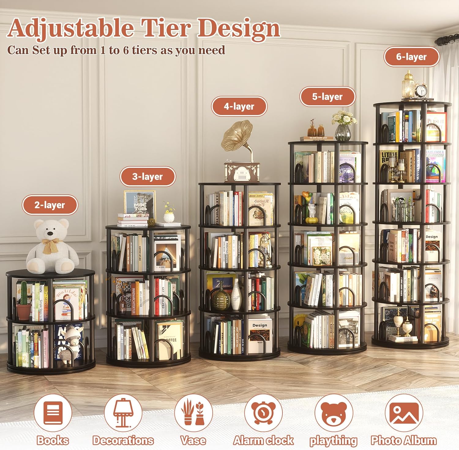Aheaplus 6 Tier Rotating Bookshelf Tower, Revolving Bookcase, 360° Round Spinning Book Shelf, Narrow Swivel Bookshelves Vertical Rolling Turning Corner Bookshelf Organizer for Small Space, Black
