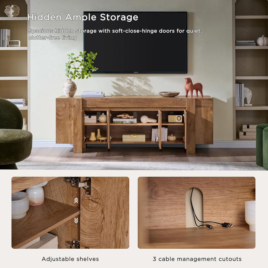 OKD Modern Farmhouse TV Stand, 70" Long Media Console Table with Storage Cabinet, Wooden Entertainment Center for Living Room, Light Knotty