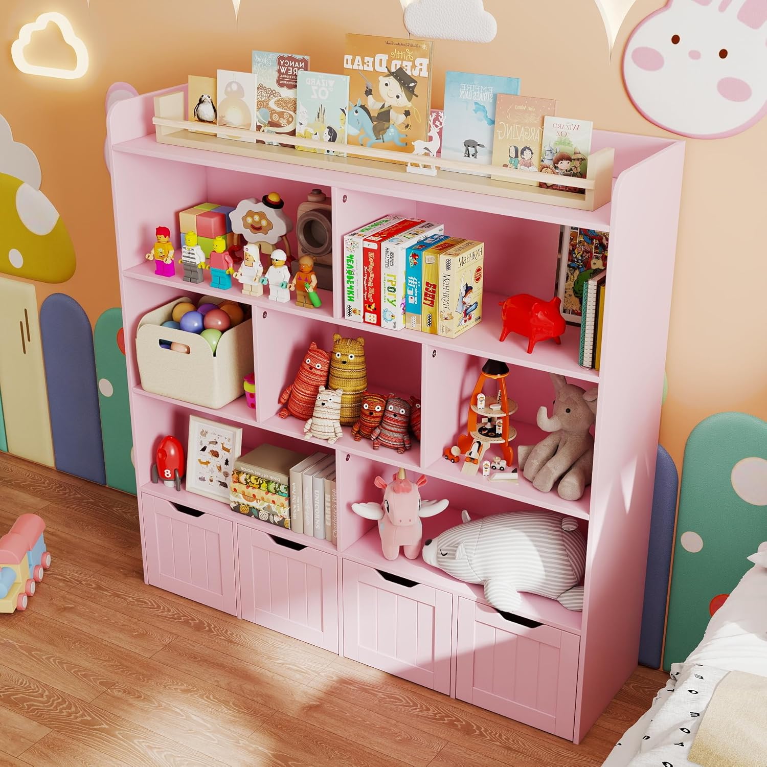 Gizoon Toy Storage Cabinet and Kids Bookcase with 4 Movable Drawers and 8 Open Shelves Toy Chest Shelf Organizer with Hidden Wheels for Playroom Nursery Kids Room, Pink