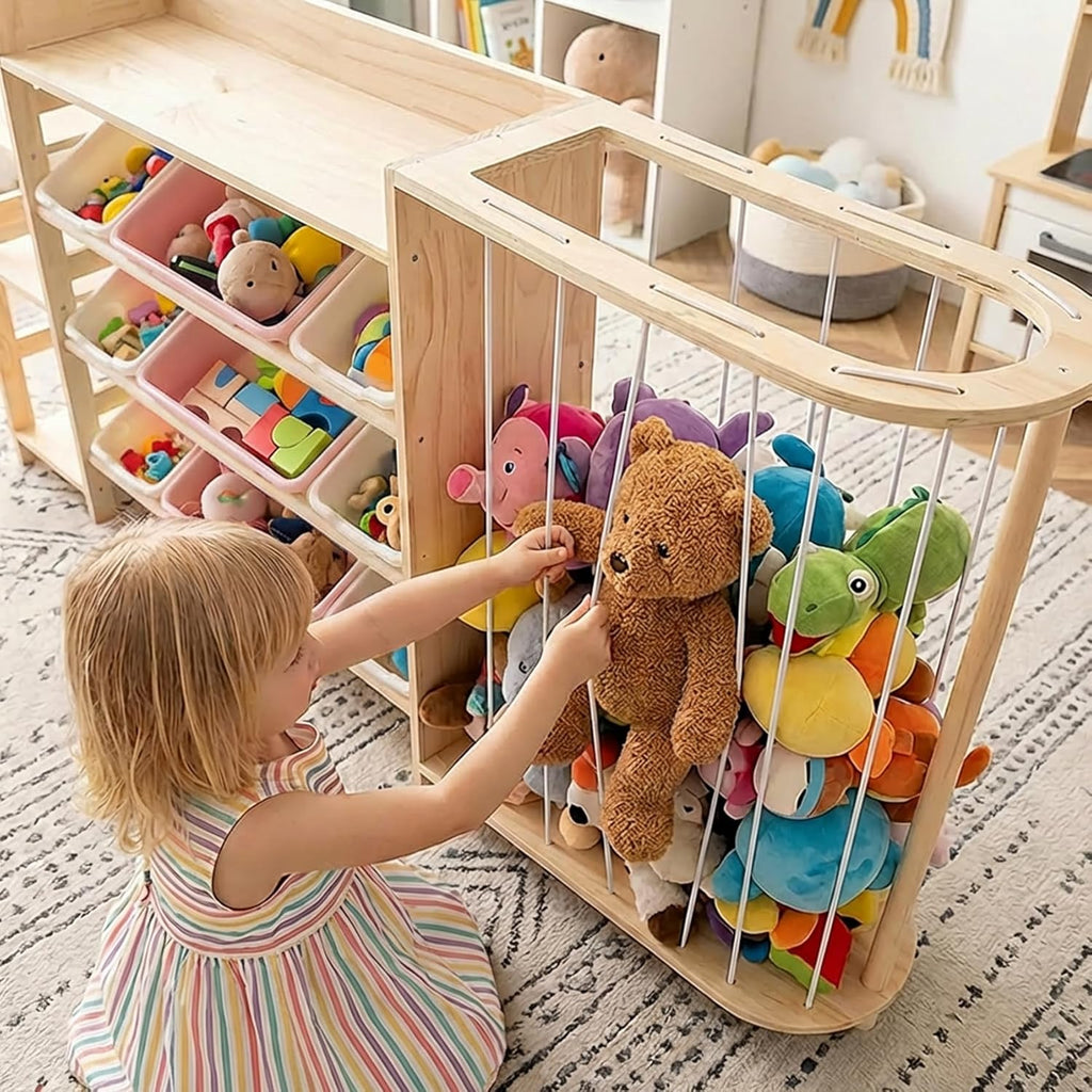 Amdermi Kid's Toy Storage Organizer with Bookcase & Plush Stuffed Animal Zoo, Multi-Bin Toy Storage Shelf for Toddlers, 4-in-1 Wooden Display Rack for Playroom, Bedroom & Nursery (Pink)