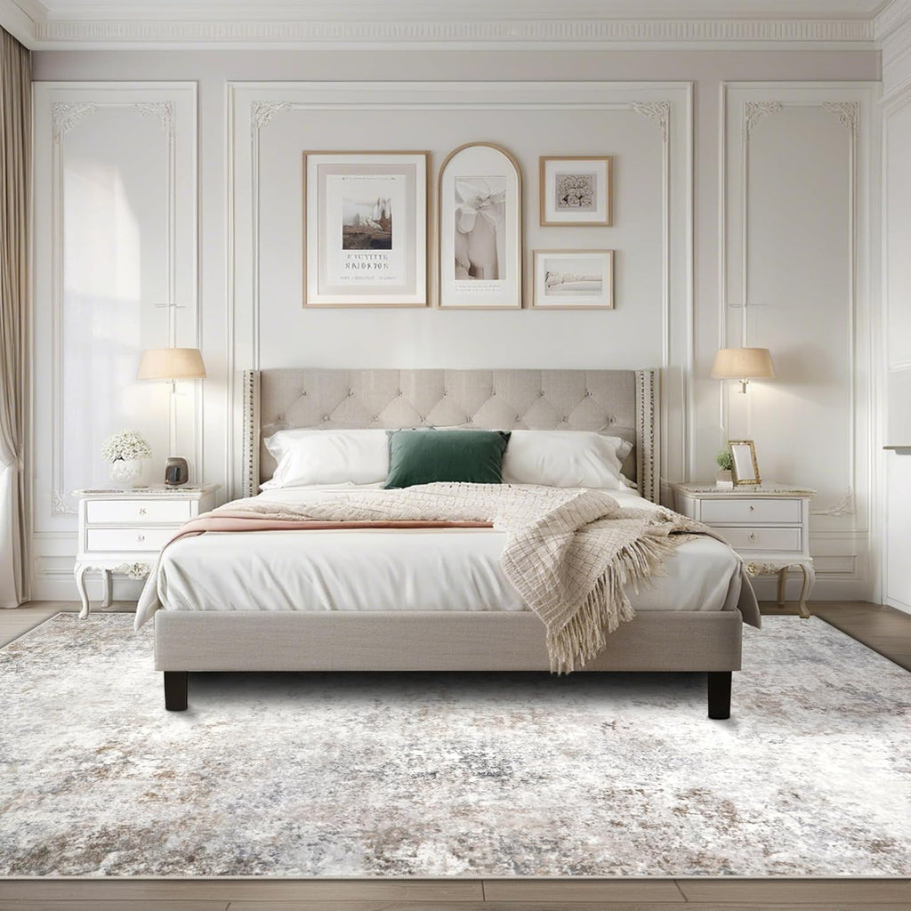 Modern Washable Rugs 9x12 Area Rugs for Living Room,Abstract Rugs for Bedroom,Large Carpets,Ultra Soft Faux Wool Retro Dining Room Rug,Non Slip&Non-Shedding Low Pile Print Rug- Beige Grey