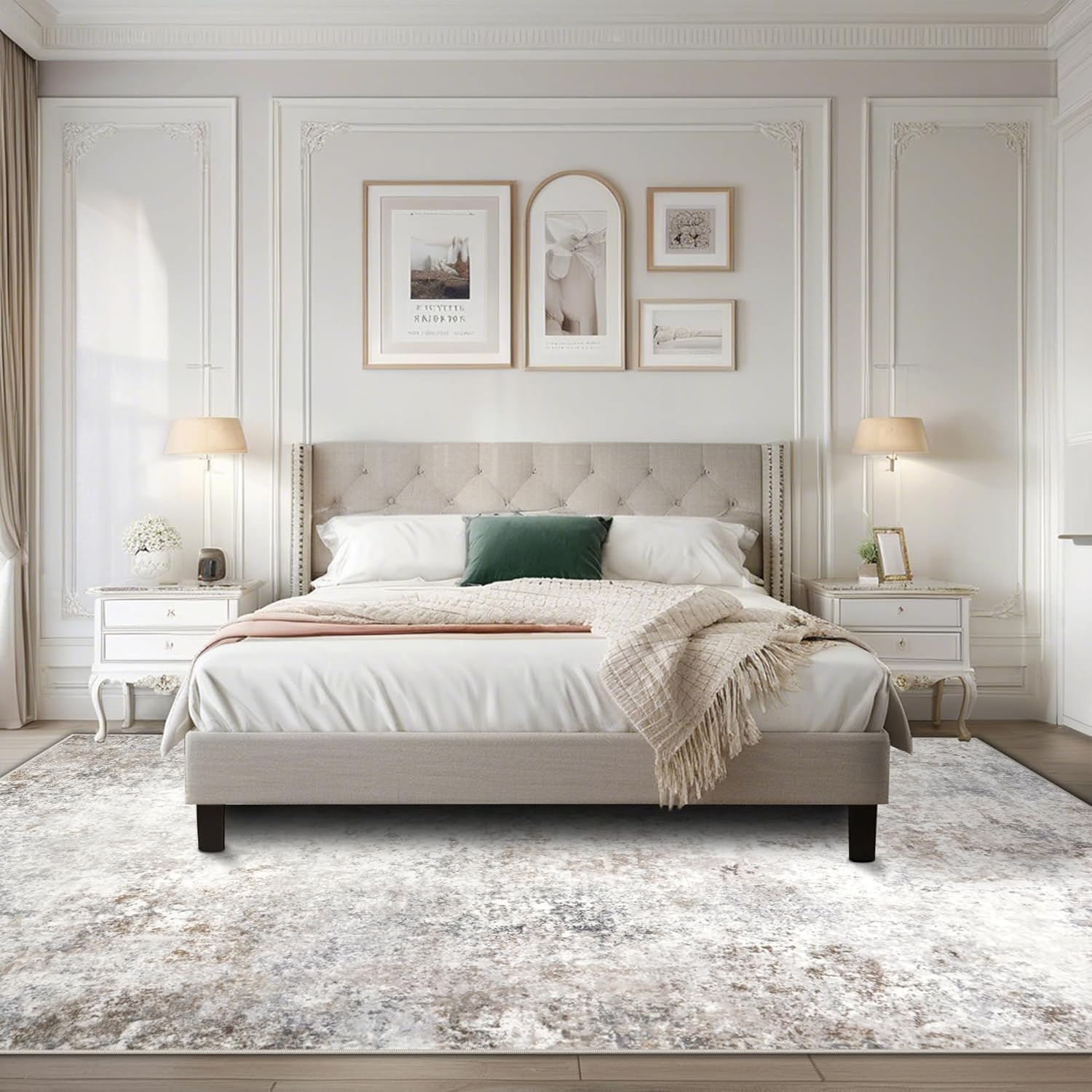 Modern Washable Rugs 9x12 Area Rugs for Living Room,Abstract Rugs for Bedroom,Large Carpets,Ultra Soft Faux Wool Retro Dining Room Rug,Non Slip&Non-Shedding Low Pile Print Rug- Beige Grey