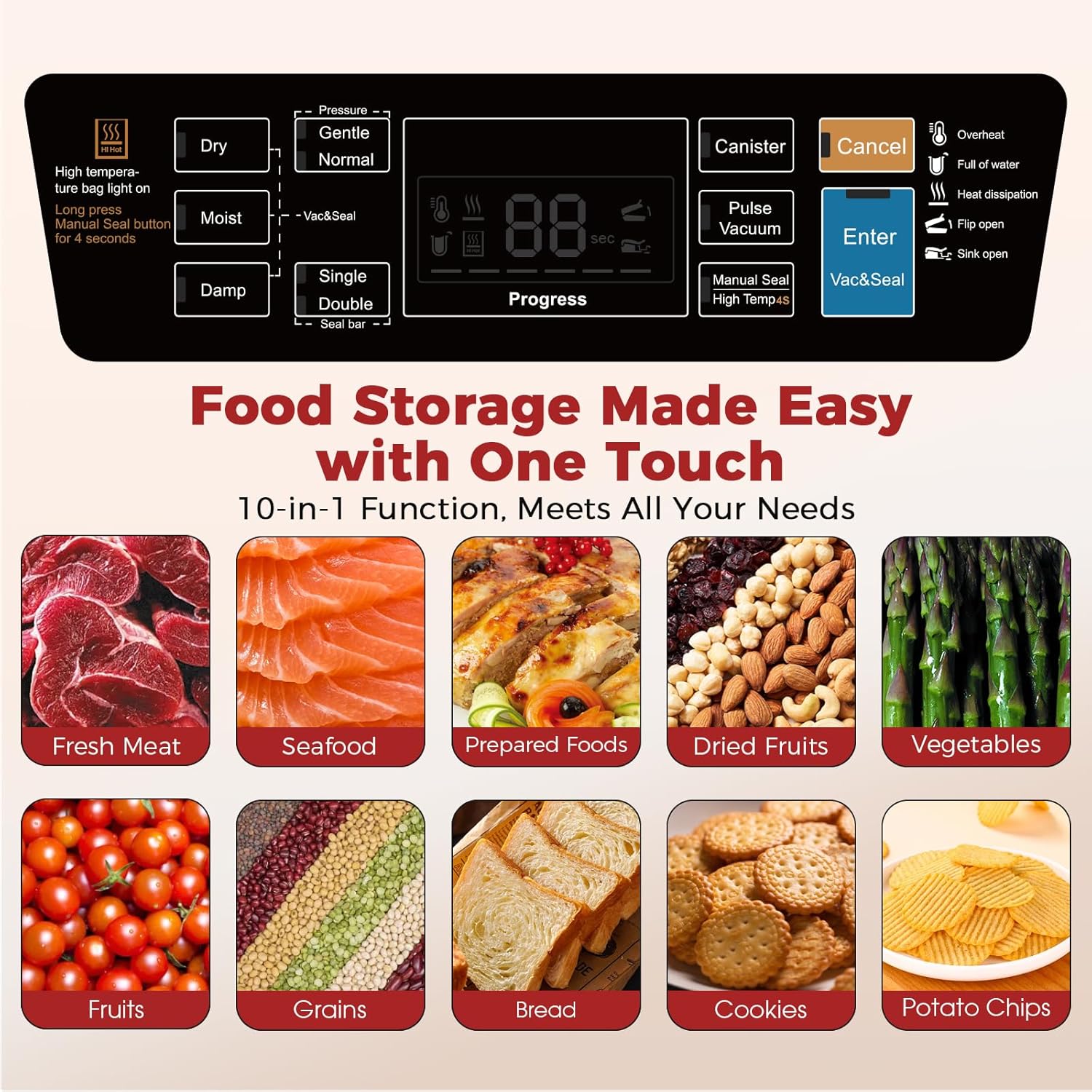Commercial 95kPa Food Vacuum Sealer Machine | Automatic 10-in-1 Food Sealer for Sous Vide, Meal Prep & Storage | Powerful 230W Motor, Double Heat Seal, Built-in Cutter & Starter Kit