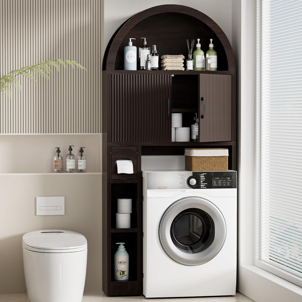 Spurgehom Over The Toilet Storage Cabinet, Bathroom Shelf Organizer Freestanding, Bathroom Arch Cabinet Over Toilet with Toilet Paper Holder and Anti-Tipping Device (Coffee)