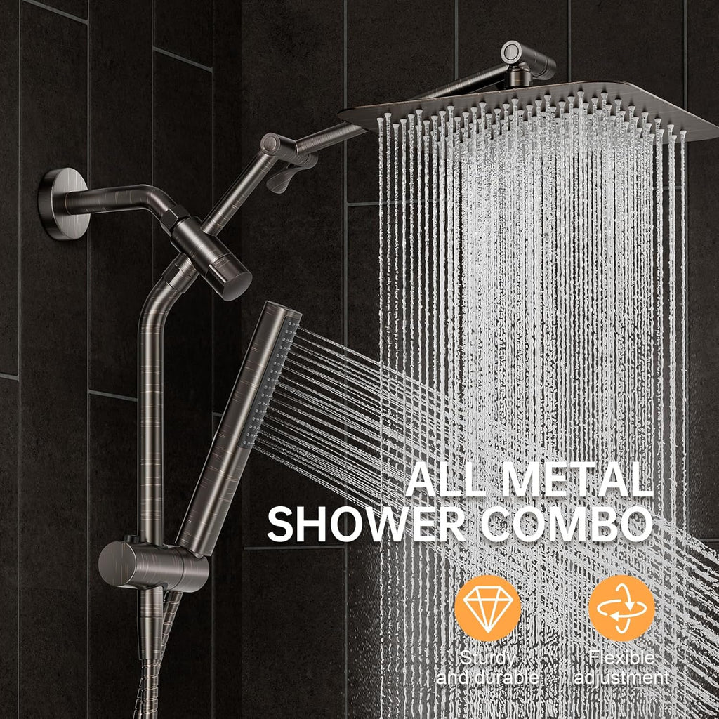 Veken All Metal 10" Oil Rubbed Bronze Shower Head with Handheld, Luxurious Square Double Rain Shower Heads with Power-wash Hand Held, Dual High Pressure Detachable Rainfall Showerhead,Bathroom Upgrade