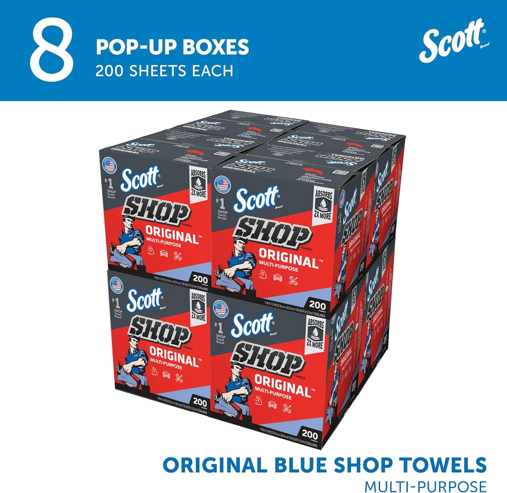 Scott Shop Original Blue Towels (75190), 9"x12" Cloth-like Paper Towel (8 Boxes of 200 Sheets, 1,600 Sheet Total)
