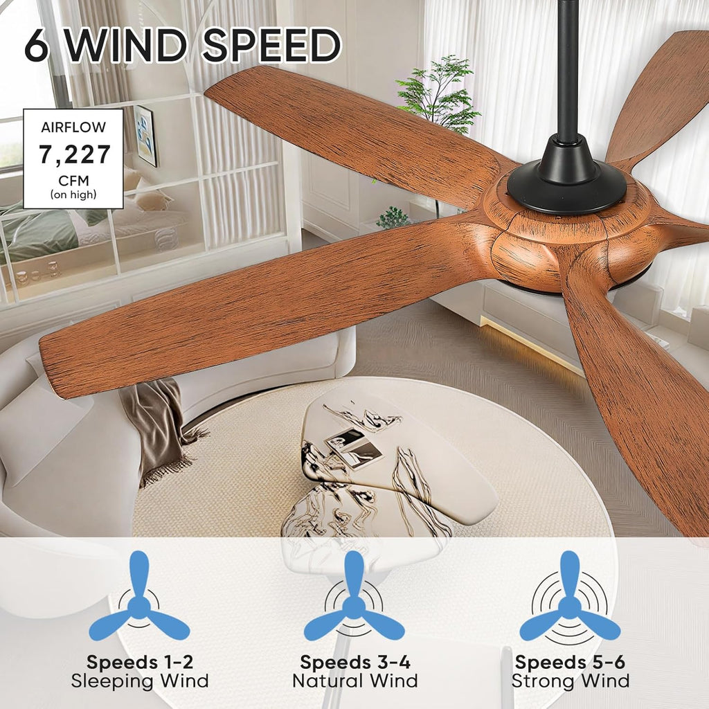 54'' Ceiling Fans with Lights, Modern Ceiling Fan with Remote Control, Outdoor Ceiling Fan for Living Room, Bedroom, 5 ABS Blades, 6 Wind Speeds, LED Dimmable (Brown & Black)