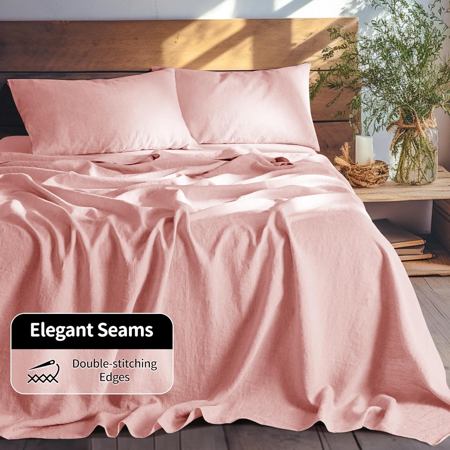 LBRO2M 100% Pure Linen Sheet Set Deep Pocket Up to 16" Bed Sheets Sets, Natural Flax Beddings Soft, Breathable, Comfortable for All Seasons 4 Pcs Sheet Set Queen Size, Blush Pink