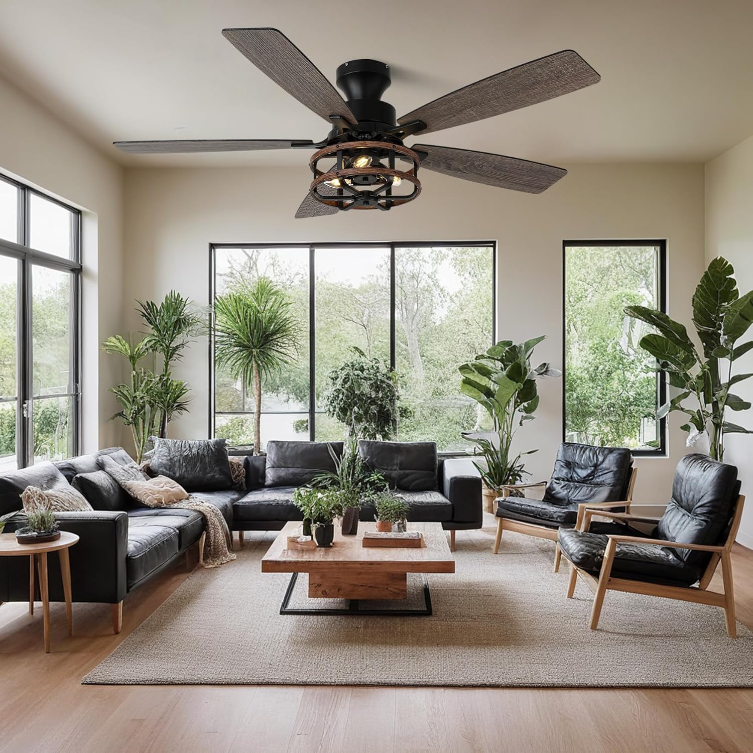52" Farmhouse Ceiling Fans with Lights and Remote,Chandelier Ceiling Fan with 5 Double Colour Blades Reversible DC Motor,Rustic Caged Ceiling Fan for Living Room,Dining Room,Bedroom