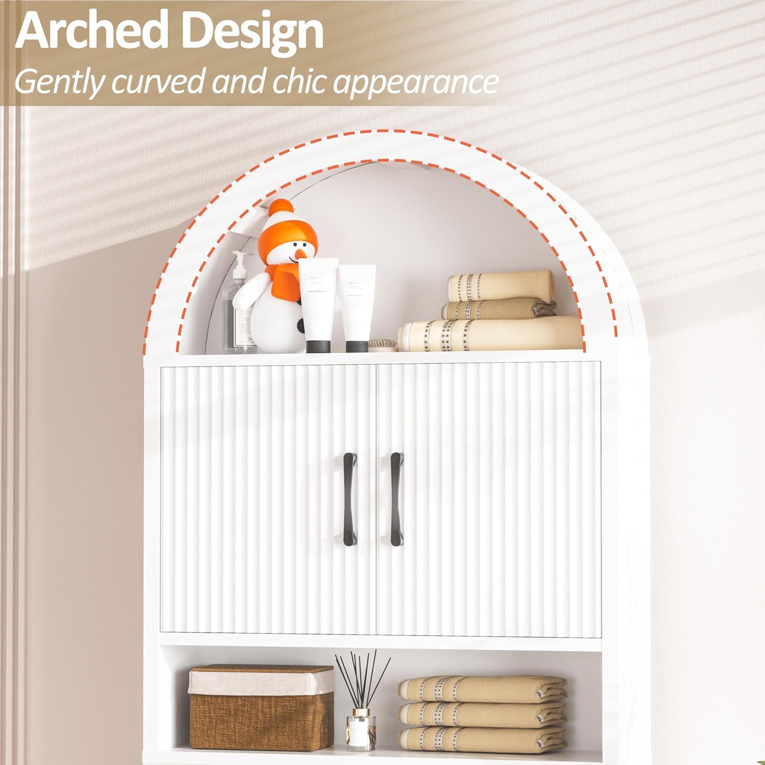 Spurgehom Over The Toilet Storage Cabinet, Bathroom Shelf Organizer Freestanding, Bathroom Arch Cabinet Over Toilet with Toilet Paper Holder and Anti-Tipping Device (Narrow Style-White)
