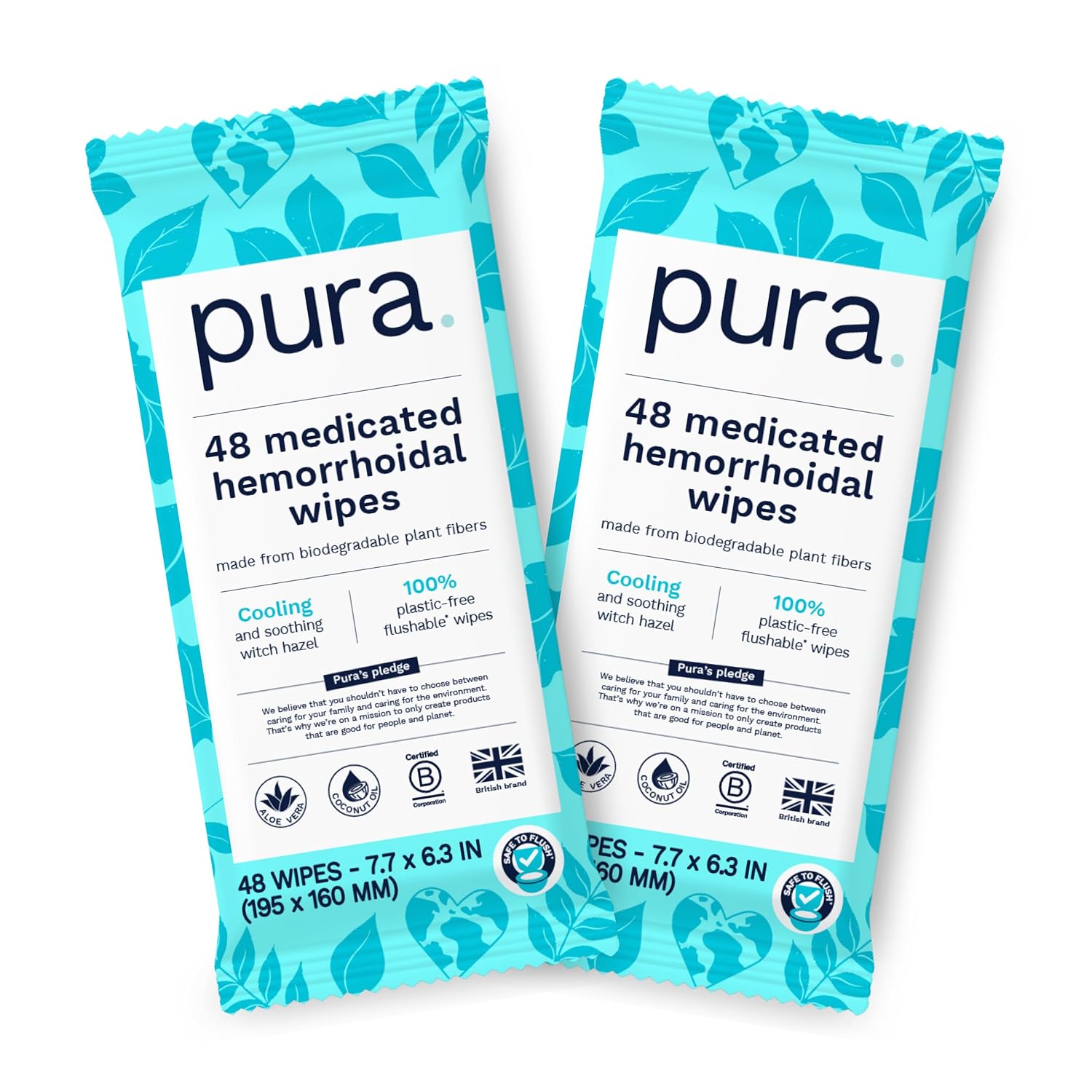 Pura XL Flushable Medicated Wipes for Hemorrhoid Relief, Extra-Large, Fragrance-Free Wet Wipes with Witch Hazel, Coconut Oil & Aloe, Skin Soothing, 96 Wipes (2 Packs)