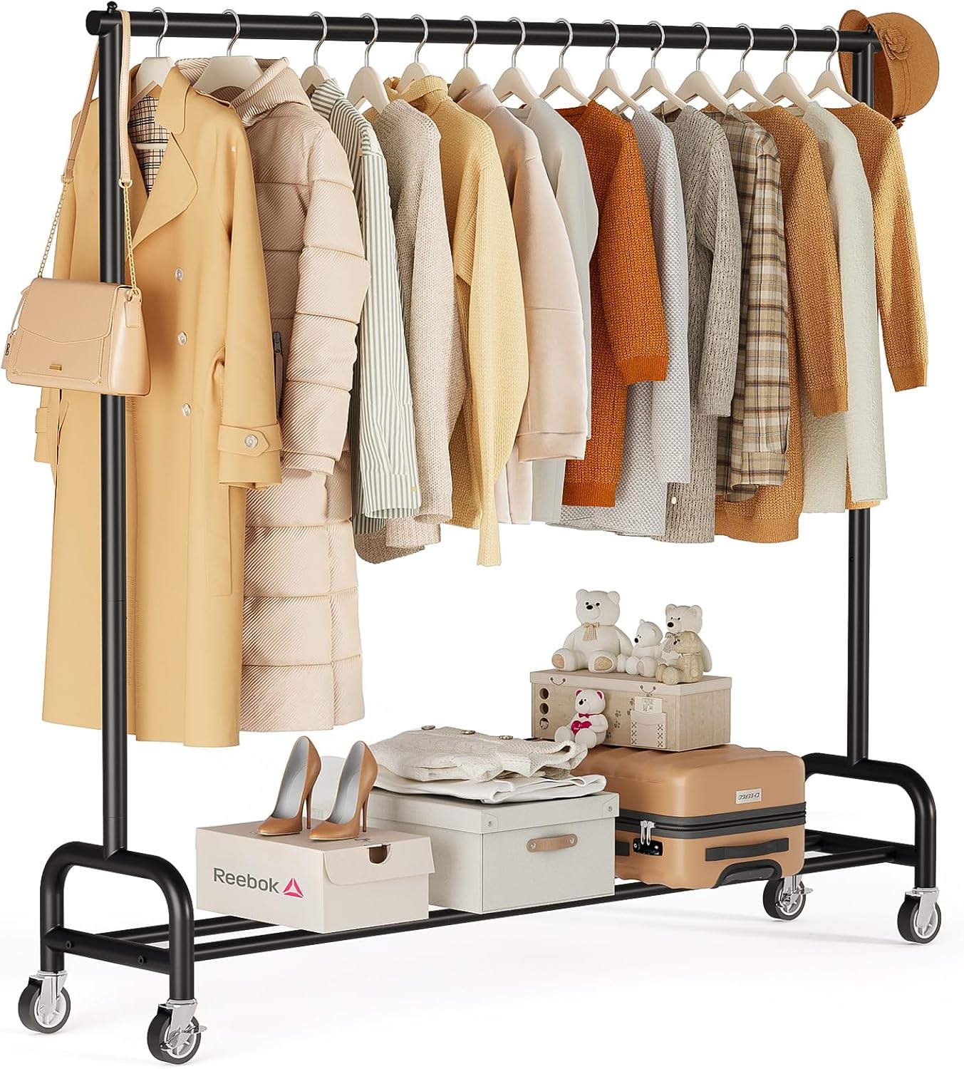 Heavy Duty Clothing Racks for Hanging Clothes Rack, 45" Wide Rolling Garment Rack Metal Clothing Hanger Rack with Wheels Wardrobe Rack for Coats, Shirts, Dress, (Black)