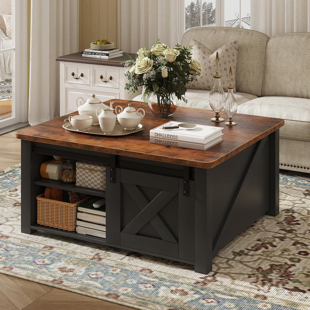 DUMOS Coffee Table, Lift Top Center Table with Storage, Square Living Room Tables with Adjustable Shelves, Wooden Center Coffee Table with Hidden Storage Compartment, Black