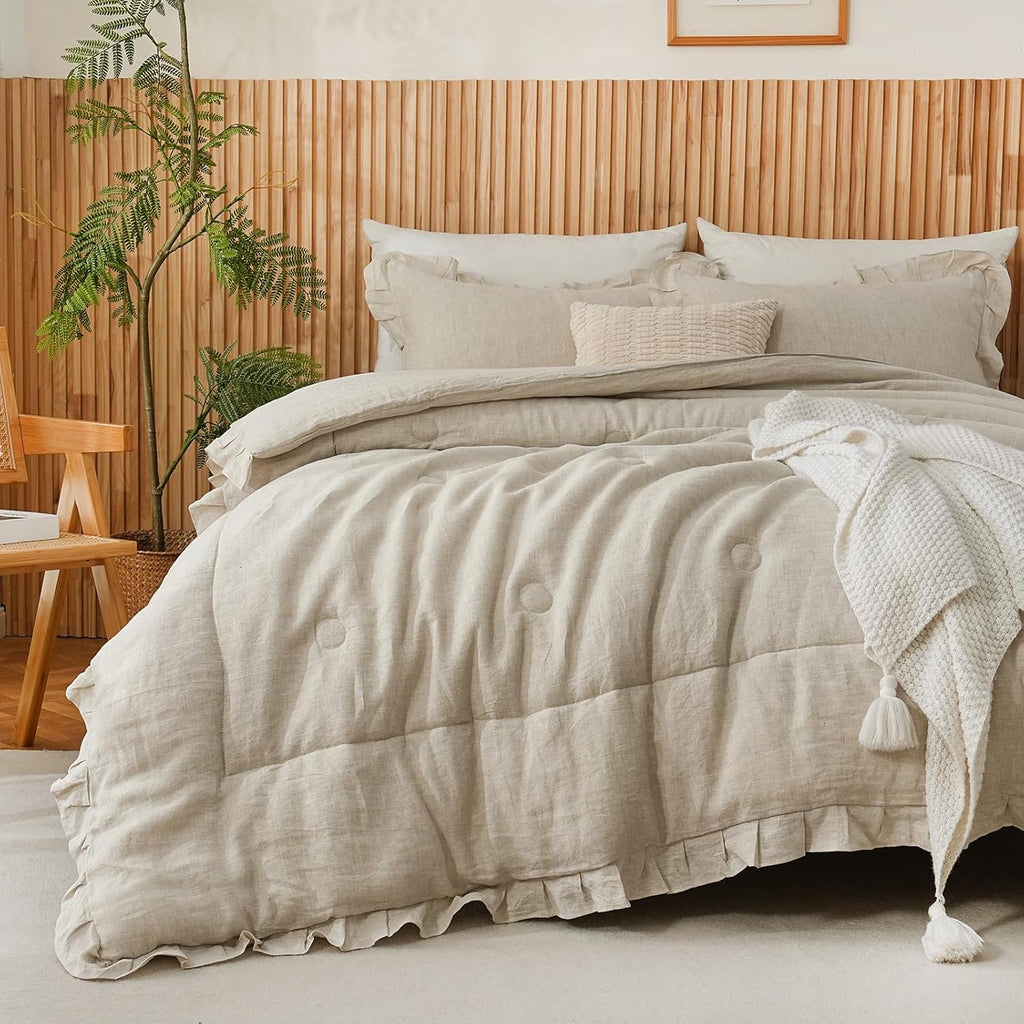 Merryword Linen Ruffled Comforter Set Queen Size 3 Pieces Natural French Flax Linen Bedding Shabby Chic Farmhouse Comforter Soft Breathable Moisture Wicking Bedding Set