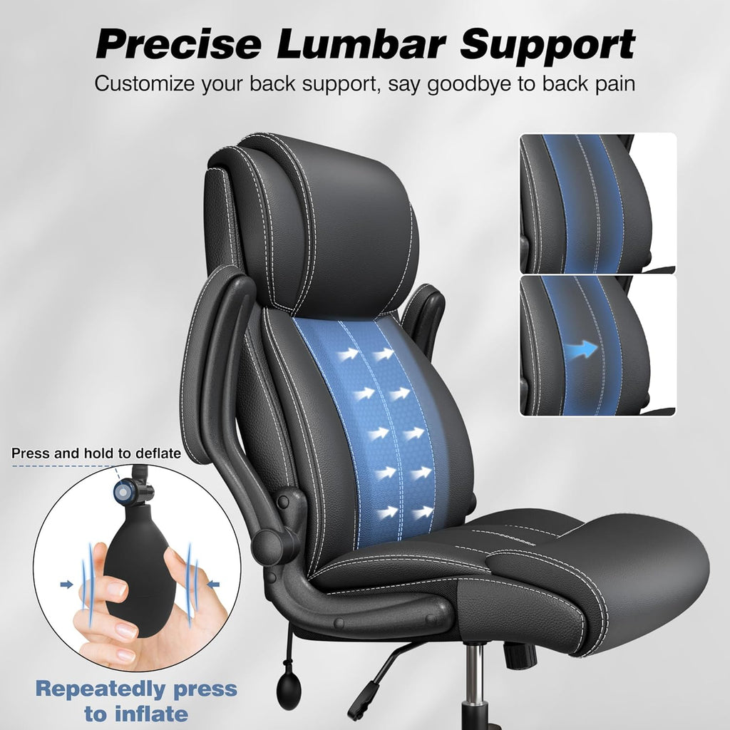 BESTFAIR Ergonomic Office Chair - Desk Computer Chair, Leather High Back Executive Chairs with Adjustable Lumbar Support & Flip Up Arms, Rocking, Black