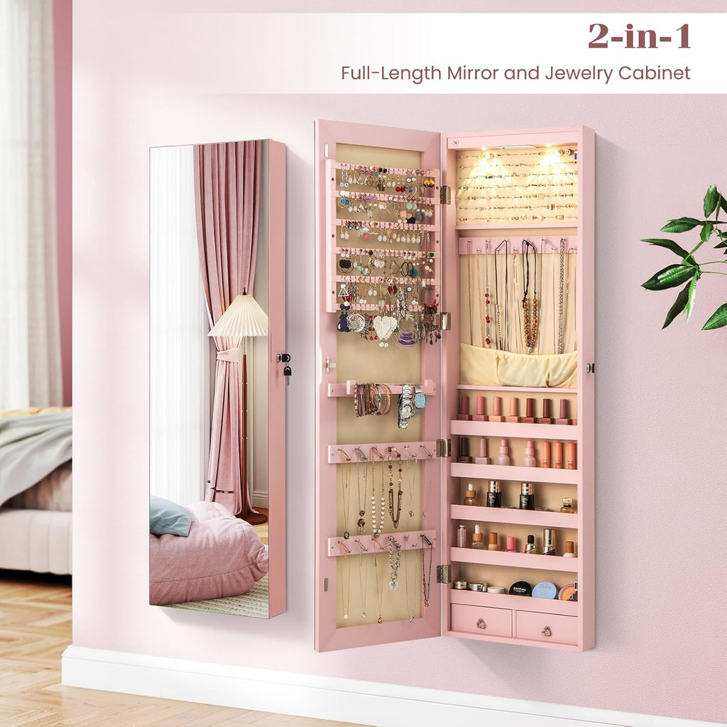 LDAILY Jewelry Armoire Wall or Door Mounted, Full-Length Mirror with Storage, Lockable Mirror Jewelry Cabinet w/ 2 Drawers, LED Lights, Over the Door Jewelry Organizer Box for Women Girls