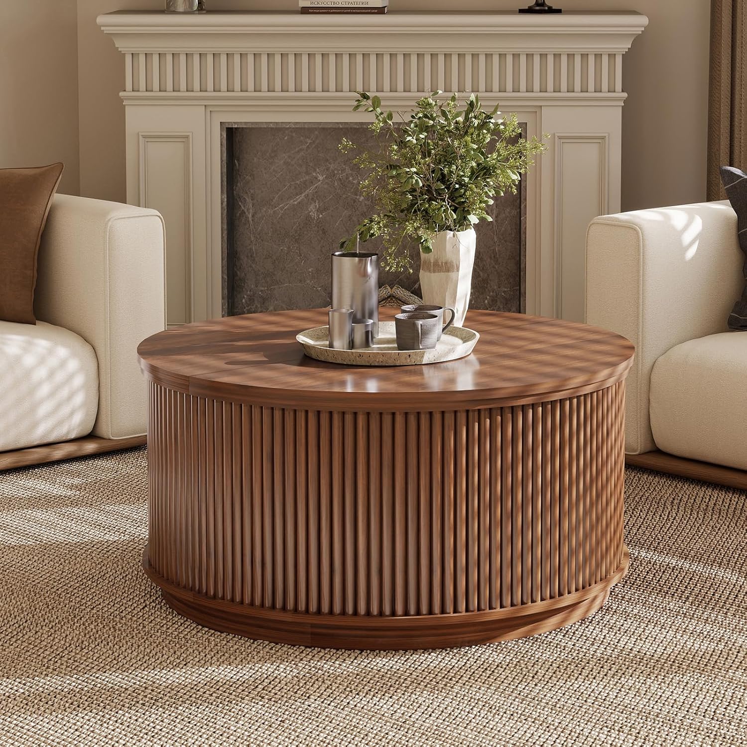 LYNCOHOME 31.5'' Fluted Flip Top Round Coffee Table with Storage, Drum Coffee Table, Modern Coffee Table for Living Room, Center Table for Living Room, Home Office, Dark Brown, Walnut