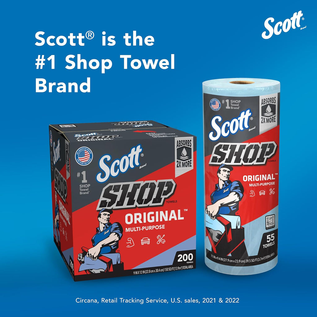 Scott Shop Original Blue Towels (75190), 9"x12" Cloth-like Paper Towel (8 Boxes of 200 Sheets, 1,600 Sheet Total)