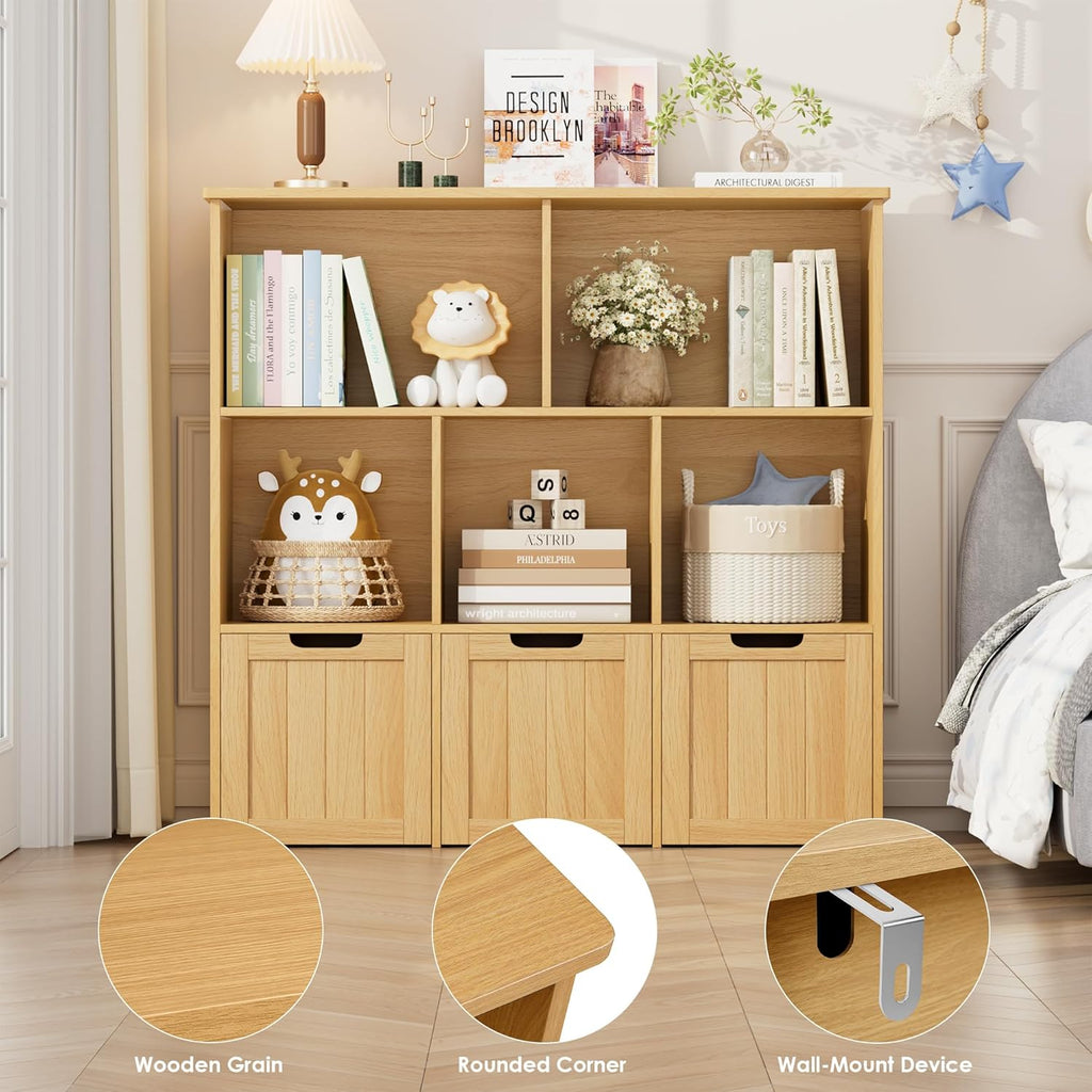 FOTOSOK Toy Storage Organizer with 3 Movable Drawers, Floor Storage Cabinet Toy Chest with Hidden Wheels and 5 Storage Cubbies, Multifunctional Storage Chest for Playroom, Natural