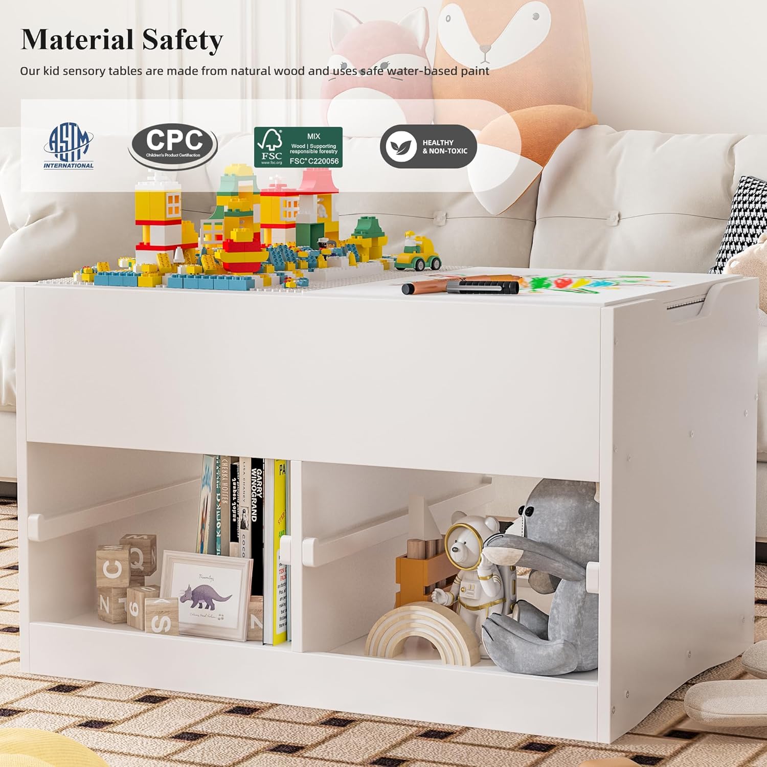 Easyego Kid Sensory Table with Storage - Activity Table with Foldable Storage Bins, Birthday Gifts for Boys and Girls - White