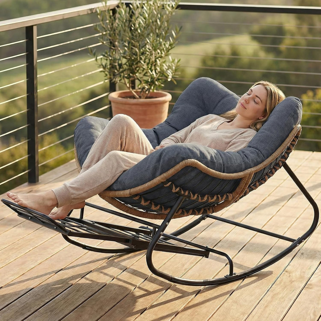 SWITTE Outdoor Rocking Chair with Footrest, Oversized Patio Papasan Rocker, Comfy Wicker Reading Lounge, Indoor Bed-Like Egg Chair for Bedroom,Balcony, Porch, Garden, Heather Gray
