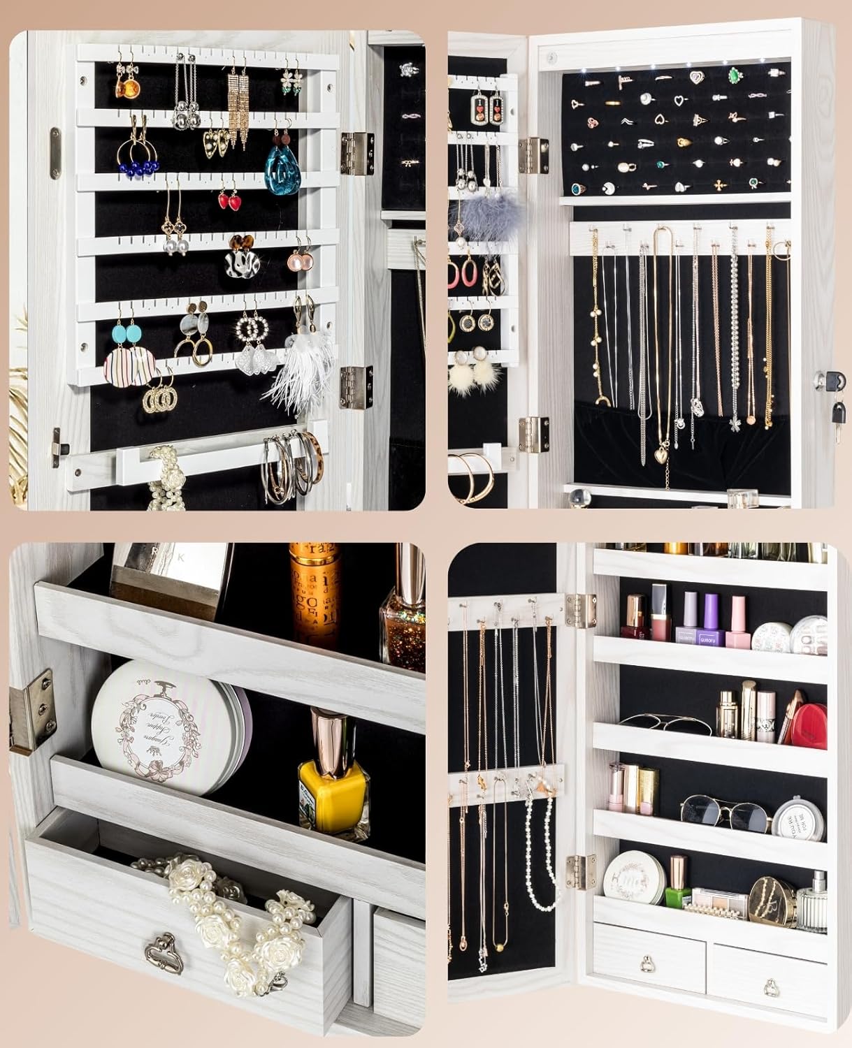 BTEXPERT 47" Mirror Jewelry Cabinet Armoire with 6 LED Lights, Large Full Length Jewelry Organizer with Storage, Wall-Mounted or Door-Hanging Mirror Cabinet, Dove White, Lock Key
