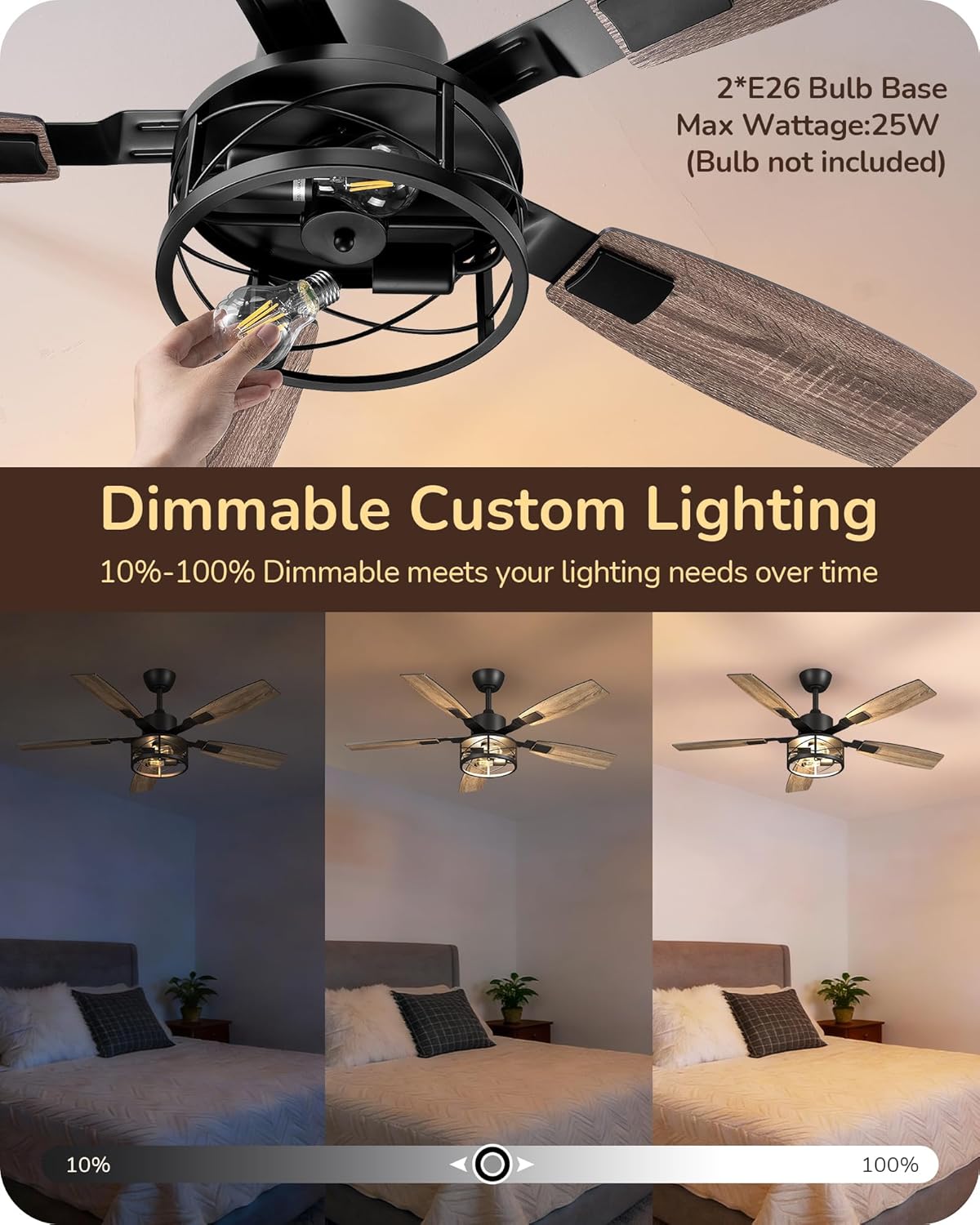 EDISHINE 52" Farmhouse Ceiling Fans with Lights and Remote, 10%-100% Dimmable, 6 Speeds, 5 Wood Blades, Reversible DC Motor, Timer, Quiet, Rustic Caged Fandelier Ceiling Fan for Bedroom Living Room