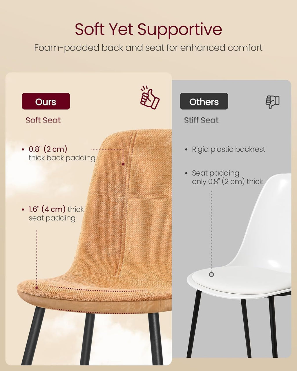 VASAGLE Dining Chairs, Set of 2 Dining Room Chairs, Metal Frame, Adjustable Feet, Easy to Clean, Glacier-Textured Synthetic Leather, for Kitchen, Caramel Brown UKDC187K01