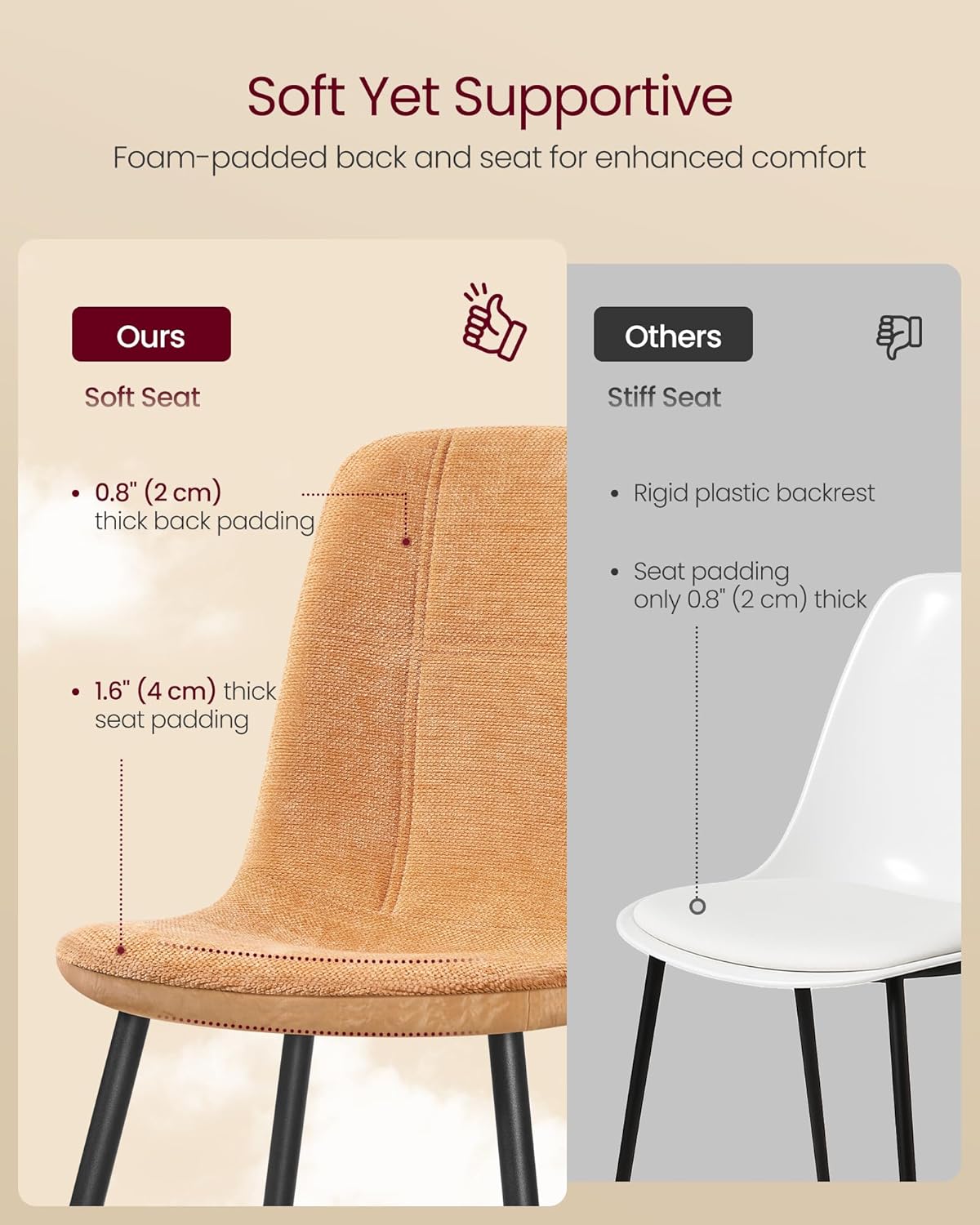 VASAGLE Dining Chairs, Set of 2 Dining Room Chairs, Metal Frame, Adjustable Feet, Easy to Clean, Glacier-Textured Synthetic Leather, for Kitchen, Caramel Brown UKDC187K01