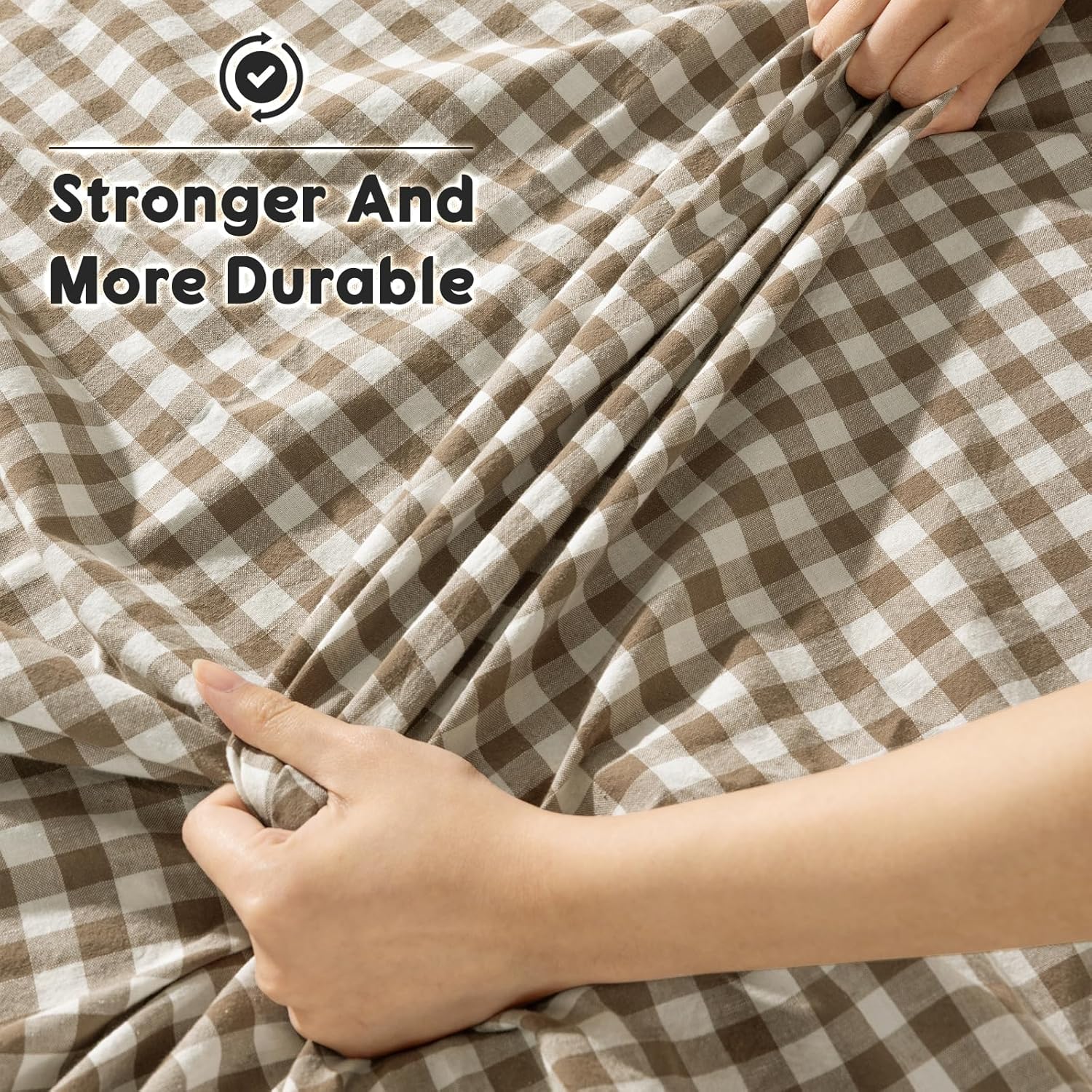 SONORO KATE 100% French Pure Linen Sheets, Breathable and Durable Linen King Size Sheets, Anti-Tear Linen Bed Sheets, Machine Washable, 16 Inch Deep Pocket - 4 Piece (Brown & White Plaid)