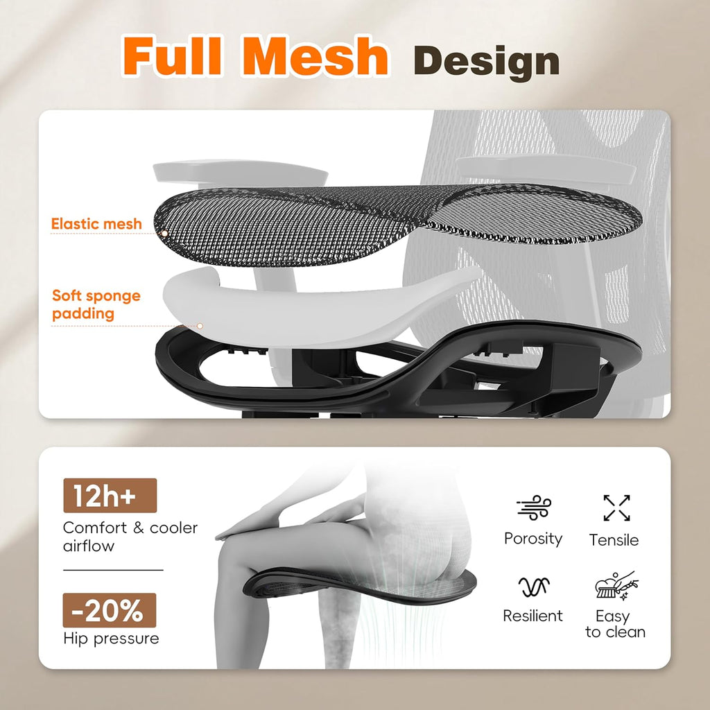 GABRYLLY Ergonomic Office Chair with Footrest, 135° Reclining Desk Chair with Adjustable Lumbar Support,3D Armrest,Headrest & Large Steel Base, 300LBS Heavy Duty Mesh Chair