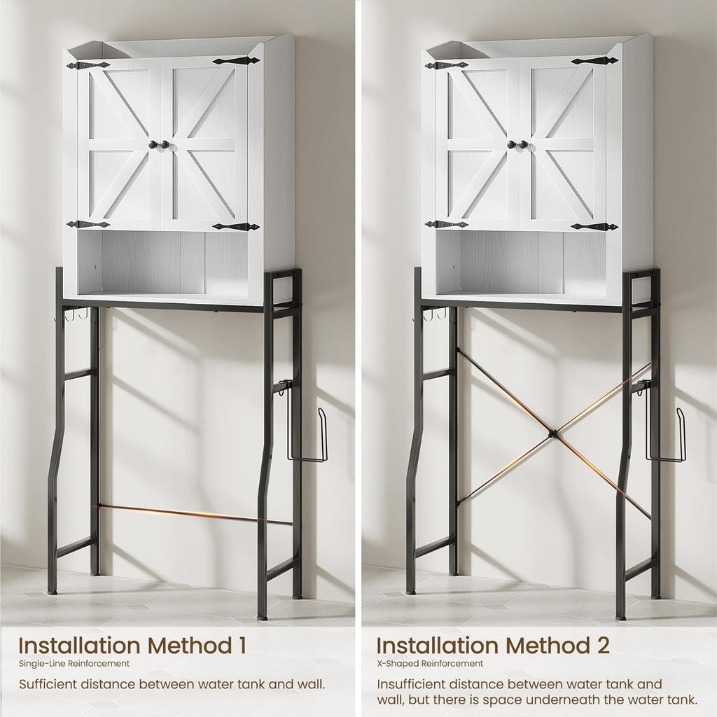 Memobarco Over The Toilet Storage Cabinet, Over Toilet Organizer with 2-Door & Metal Stand, Bathroom Organizers and Storage with Adjustable Shelves for Bathroom, Restroom, Laundry, White
