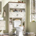 Over The Toilet Storage Cabinet, Farmhouse Storage Over Toilet with 4 Barn Doors & Adjustable Shelf, Space Saving Bathroom Organizer with Toilet Paper Holder Stand for Bathroom, Laundry, Rustic White