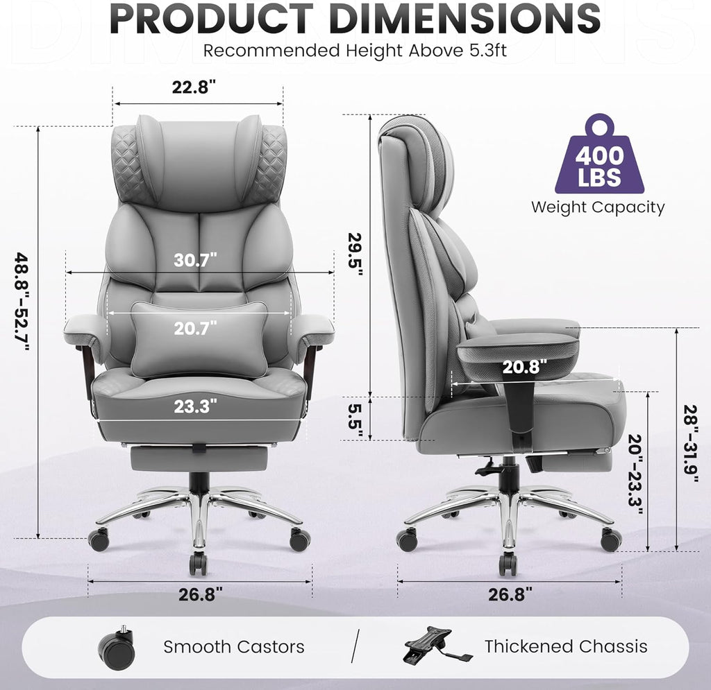 BestGlory Office Desk Chair, Big and Tall Leather Gaming Chair with Footrest, Wide Ergonomic Comfy Executive High-Back Reclining Computer Chairs, Swivel Rolling Wheels and Padded Lumbar Support, Gray