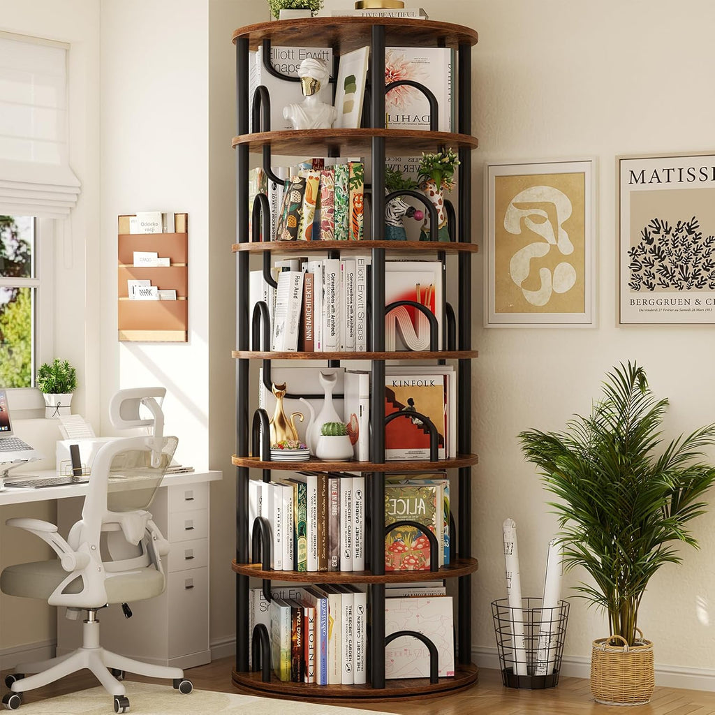 Aheaplus 6 Tier Rotating Bookshelf Tower, Revolving Bookcase, 360° Round Spinning Book Shelf, Narrow Swivel Bookshelves Vertical Turning Corner Bookshelf Organizer for Small Space, Rustic Brown