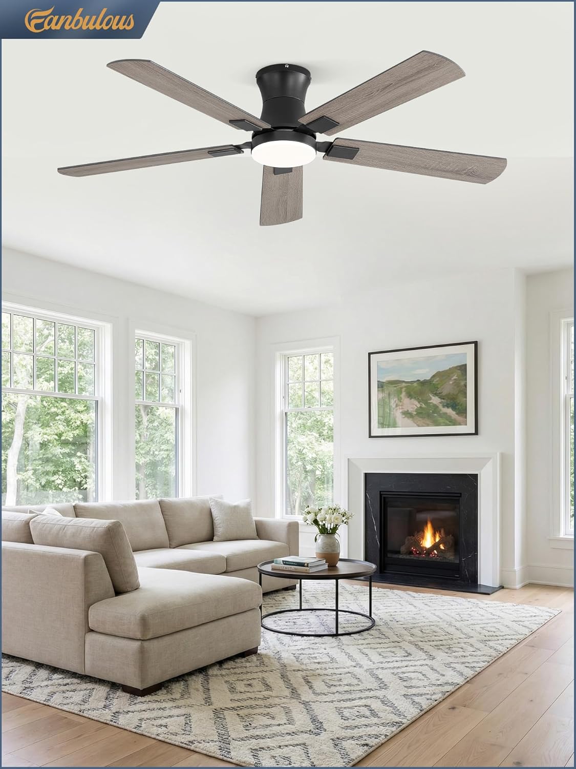 Fanbulous 52 inch ceiling fan with light, Low Profile Ceiling Fan with Light, App&Remote Control, Dimmable LED Light, Flush Mount Ceiling Fan for Indoor Bedroom Living Room, Qiuet DC Motor, Black