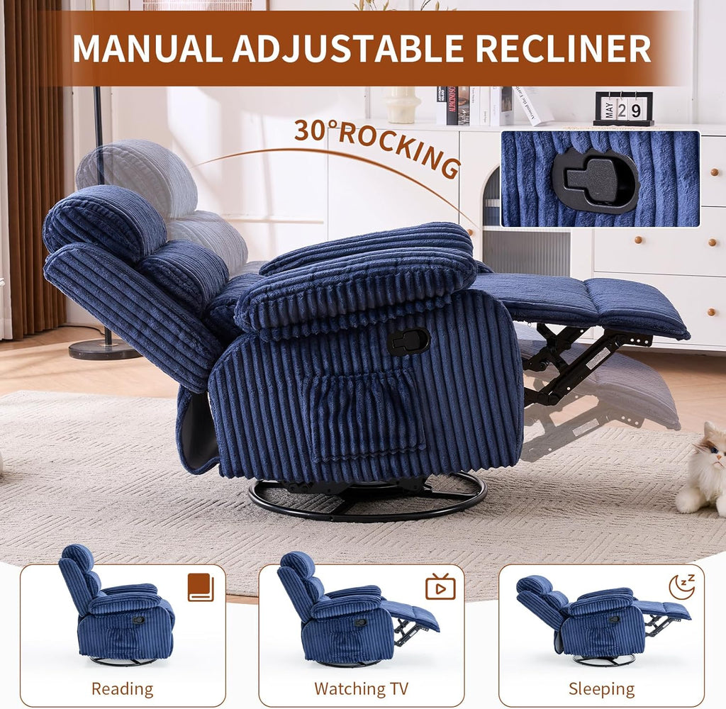 Premium Velvet 360° Swivel Recliner - High Back Gliding Rocking Chair Nursery Recliner Chair, Plush Footrest, Supportive Armrests & Side Pocket, Great for Nursery & Living Room, Blue