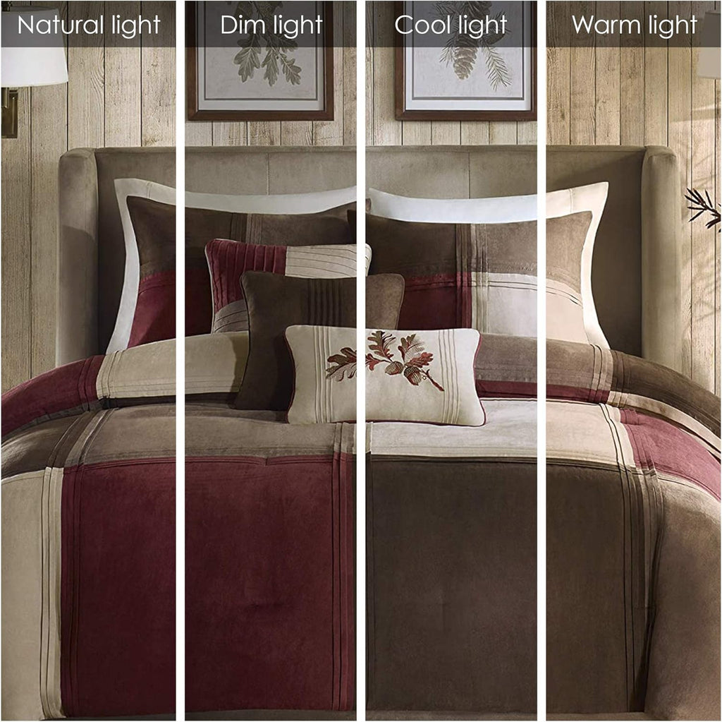 Madison Park Cozy Comforter Set Casual Blocks Design All Season, Matching Bed Skirt, Decorative Pillows, King(104"x92"), Red Brown, 7 Piece