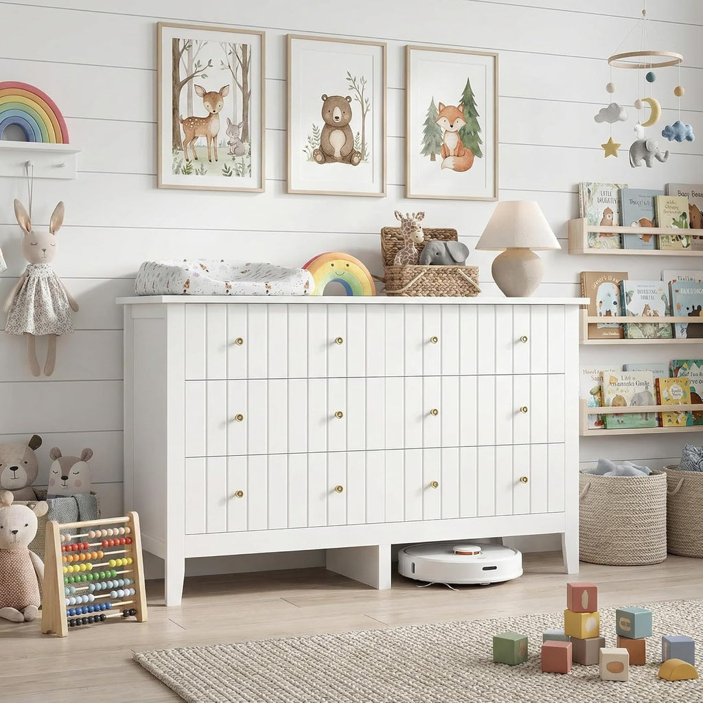 FOTOSOK White Dresser, Chest of Drawers, Modern 6 Drawer Double Dressers with Deep Drawers, Nursery Dresser for Baby, Wide Storage Organizer Cabinet for Living Room, Hallway,White