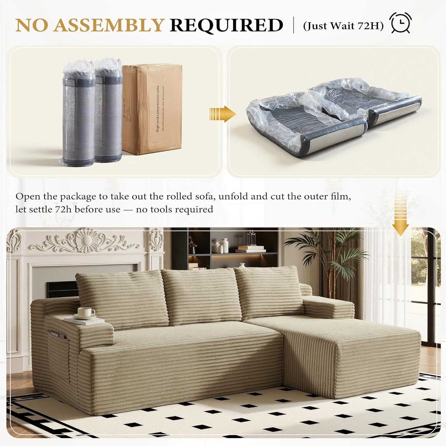 96" Sectional Couches for Living Room Cloud Couch Sofa with L-Shape Upholstered Boneless Couchs Modern Modular Sectional Couch with Chaise (Camel, 96" W+Right Facing Chaise+2Seaters)