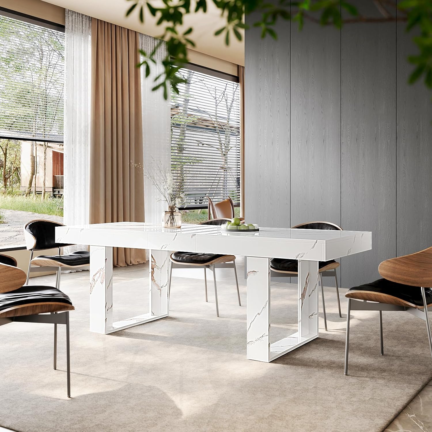 STHOUYN White Marble Extendable Dining Room Table for 8 10, 70.9" (86.6") x 31.5", Rectangle Dinner Table for 6-10, Modern Expandable Retractable Kitchen Table (White)